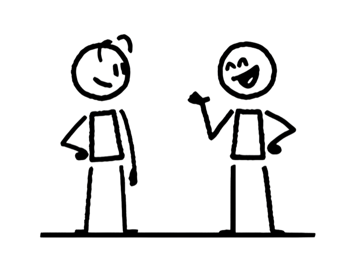 Line illustration of two people mid-conversation, one gesturing while speaking.
